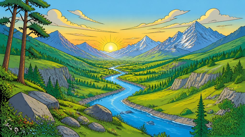 a vast valley with a river winding toward distant mountains at sunrise, no people, no text — European Comic Art (Ligne Claire) desktop wallpaper
