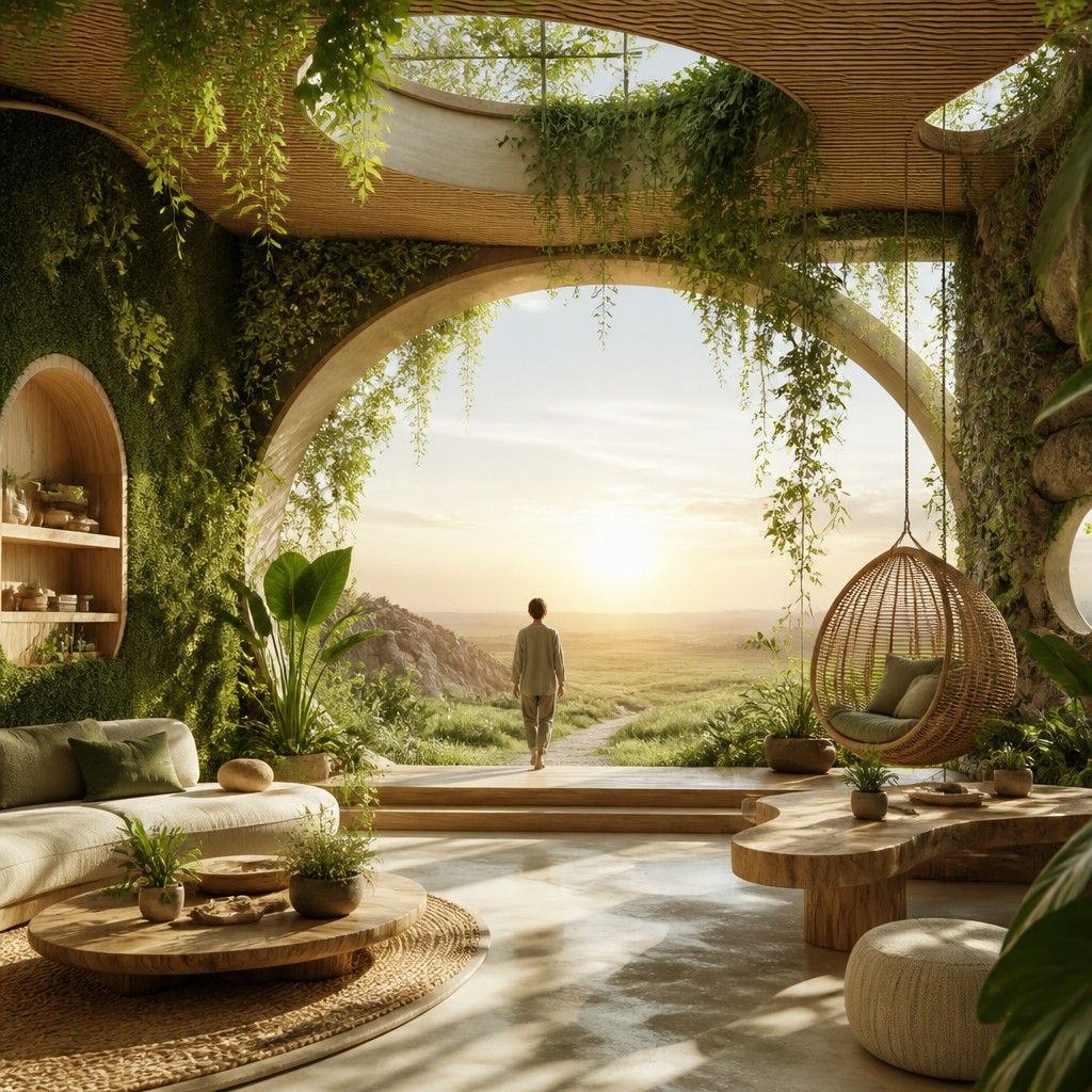 a solitary figure walking toward a glowing horizon across an empty plain, moody atmosphere, no text or lettering — Biophilic Interior Design album cover