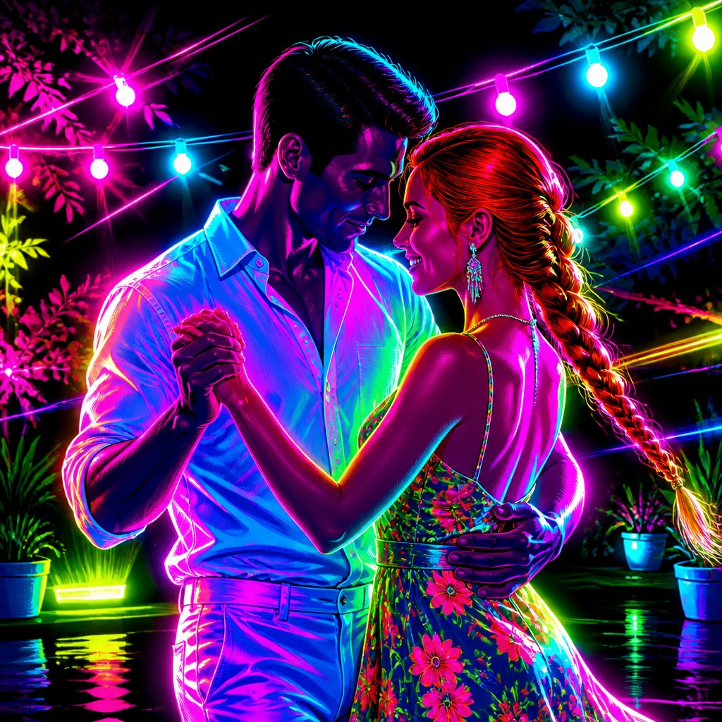 an original couple dancing under string lights in a garden at dusk: a man with short black hair in a linen shirt and a woman with braided red hair in a summer dress — Neon Pop Art Style couple portrait