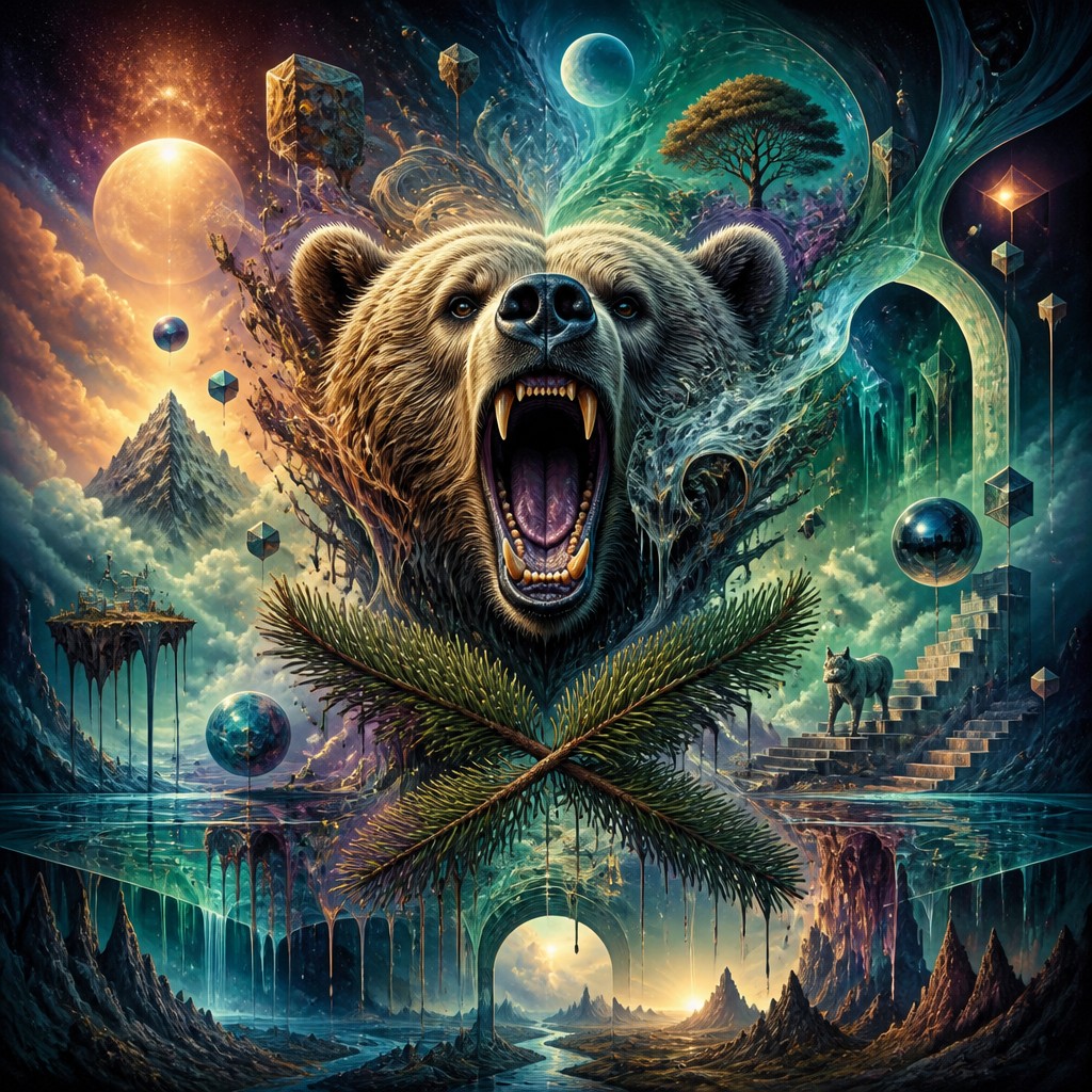 a roaring bear head above crossed pine branches, bold graphic composition on a plain background, no text — Surrealist Landscape Art Style t-shirt design