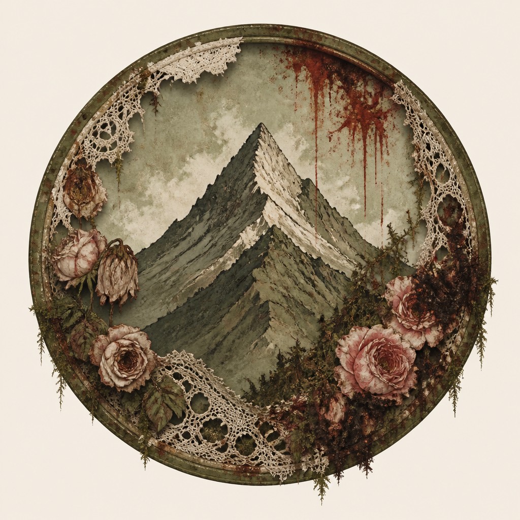 an emblem of a mountain peak inside a circle, simple bold shapes on a plain background, no text or lettering — Dark Cottagecore Aesthetic logo concept