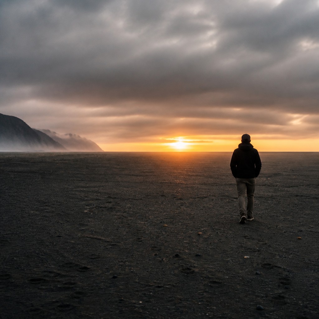 a solitary figure walking toward a glowing horizon across an empty plain, moody atmosphere, no text or lettering — Documentary Photography Style album cover