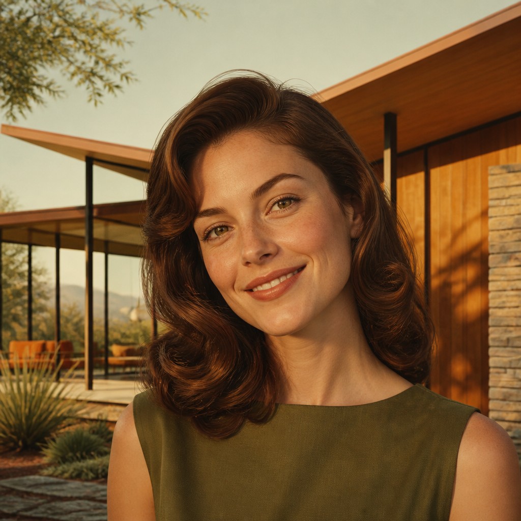 head-and-shoulders portrait of an original character: a young woman with wavy chestnut hair and a warm smile, plain soft backdrop — Mid-Century Modern Architecture profile picture