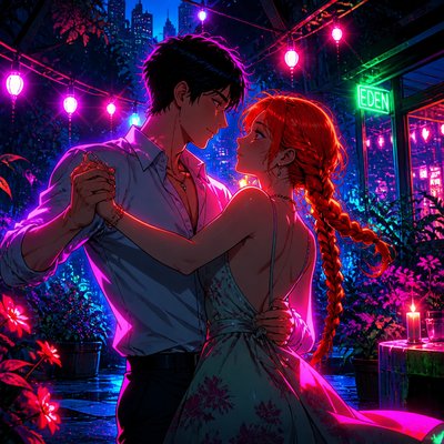 Cyberpunk Neon Anime Art Style couple portrait example