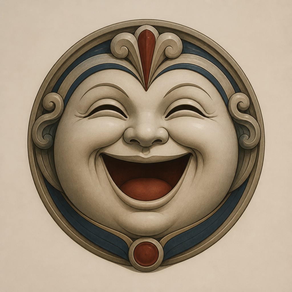 an exaggerated laughing face of an original round mascot character, bold and readable at small size, plain background, no text — Neoclassicism Art Style Twitch emote