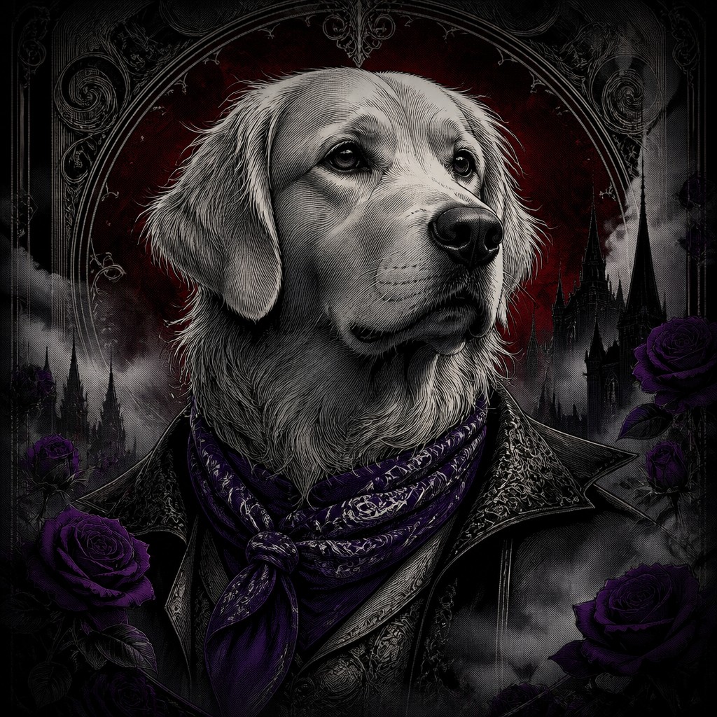 portrait of a golden retriever wearing a blue bandana, warm plain backdrop, no text — Dark Gothic Anime Art Style pet portrait