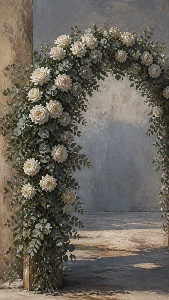 an arch of white roses and eucalyptus in soft morning light, elegant vertical composition with open space, no text — Social Realist Figurative Art Style wedding invitation