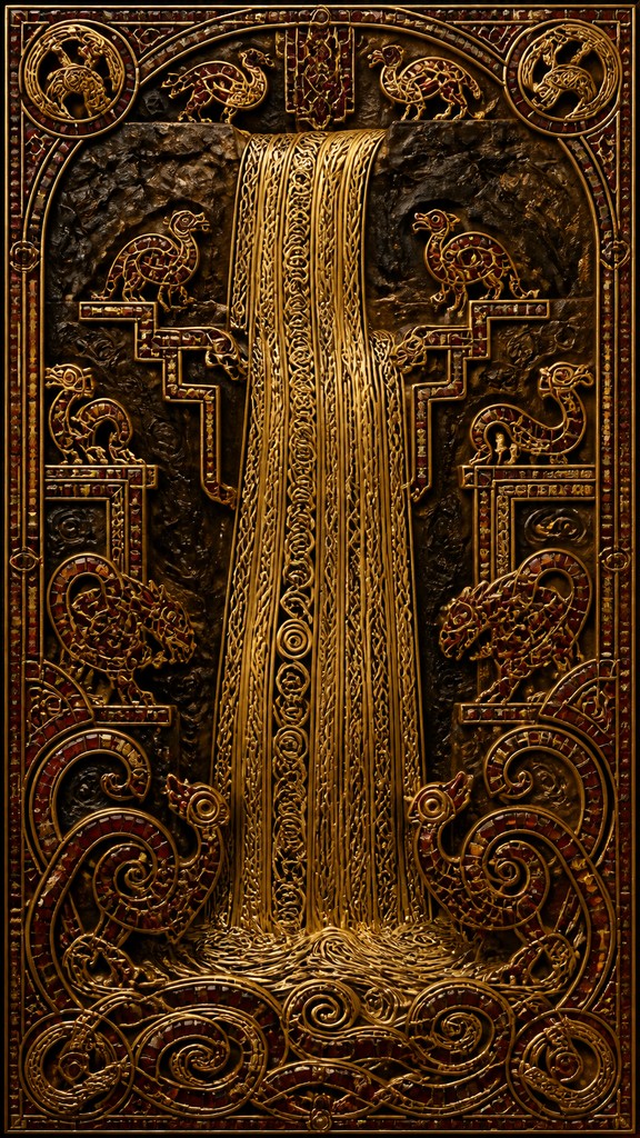 towering waterfall cascading down a cliff — Anglo-Saxon Metalwork Art Style