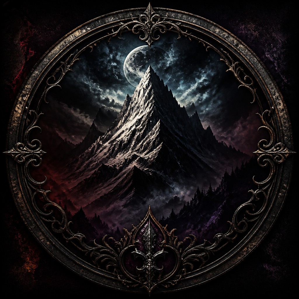 an emblem of a mountain peak inside a circle, simple bold shapes on a plain background, no text or lettering — Dark Gothic Art logo concept