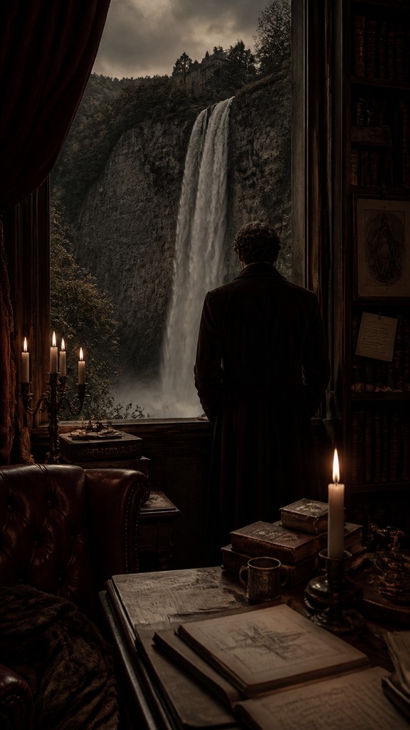 towering waterfall cascading down a cliff — Dark Academia Aesthetic