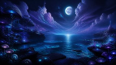 a panoramic ocean horizon with towering clouds at golden hour, no people — Lunarpunk Aesthetic wallpaper