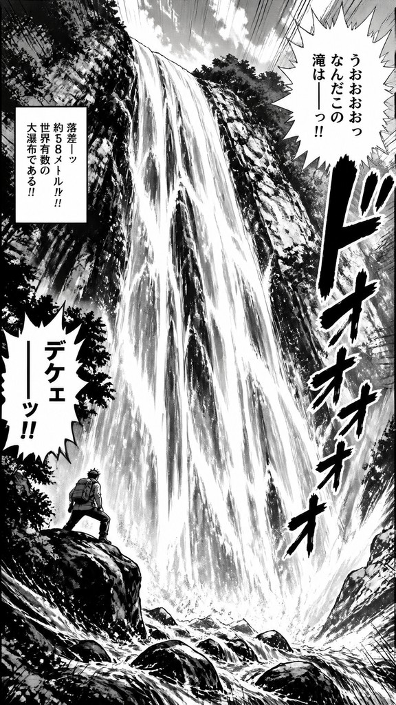 towering waterfall cascading down a cliff — Manga Comic Art