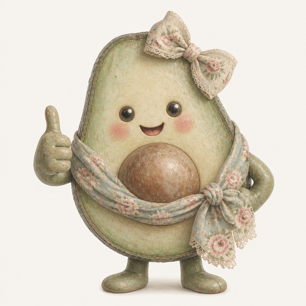 a happy avocado character giving a thumbs up, bold readable design on a plain background, no text — Shabby Chic Interior Design sticker