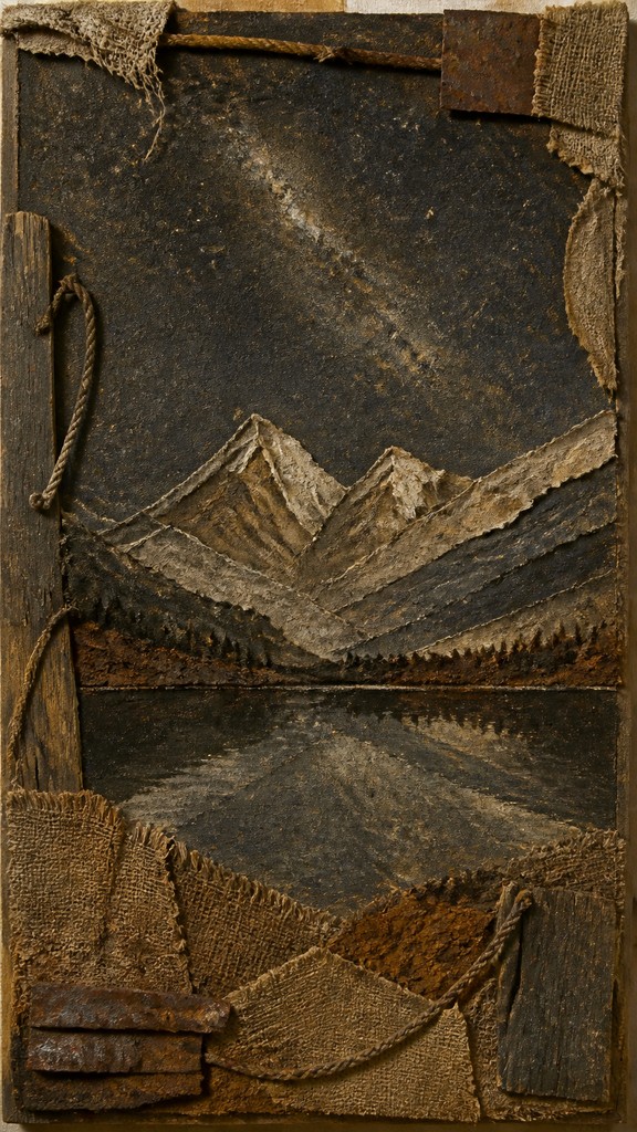 a tranquil mountain lake beneath a starry night sky, no people, no text — Arte Povera Art Style phone wallpaper