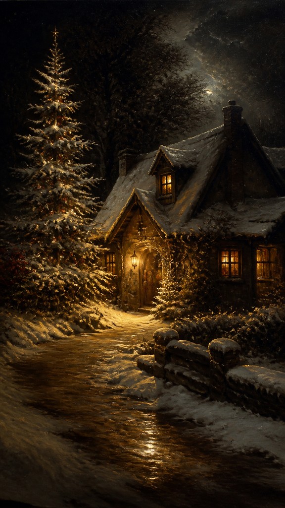 a snow-covered cottage with warm glowing windows beside a decorated pine tree, gentle snowfall, no text — Dutch Golden Age Still Life Art Style Christmas card