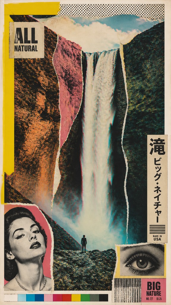 towering waterfall cascading down a cliff — Appropriation Art Style