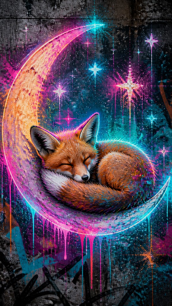 a sleeping baby fox curled on a crescent moon among soft stars, gentle and warm, no text — Augmented Reality Graffiti baby announcement