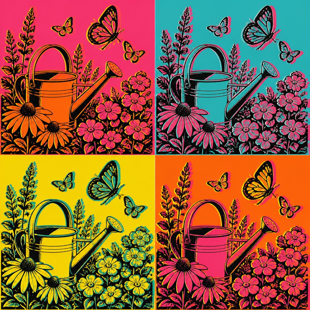 a garden scene with butterflies, flowers and a watering can, clean uncolored line art, no text — Celebrity Portrait Pop Art Style coloring page