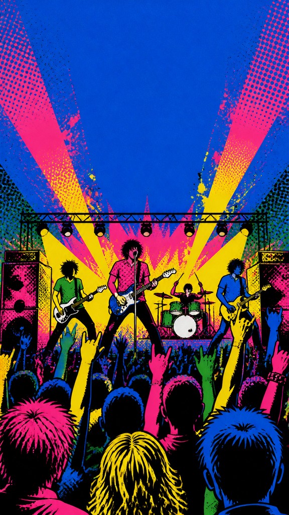 a live music scene with a glowing stage and silhouetted crowd, energetic vertical composition with open space at the top, no text — Pop Art Still Life Art Style flyer