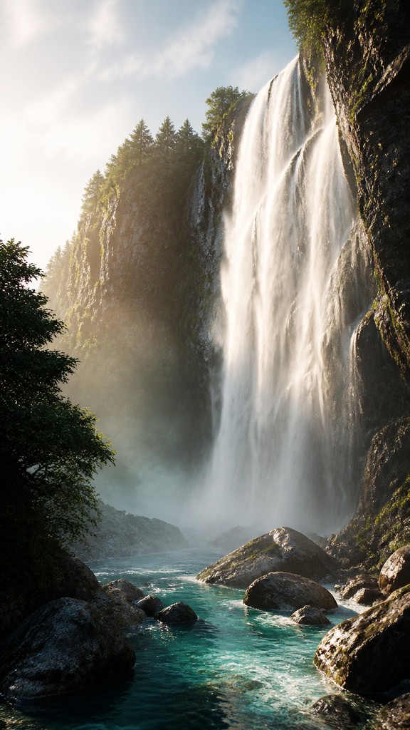 towering waterfall cascading down a cliff — 3D Rendered Digital Art Style