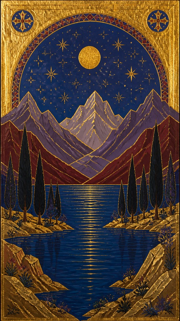a tranquil mountain lake beneath a starry night sky, no people, no text — Byzantine Religious Art phone wallpaper