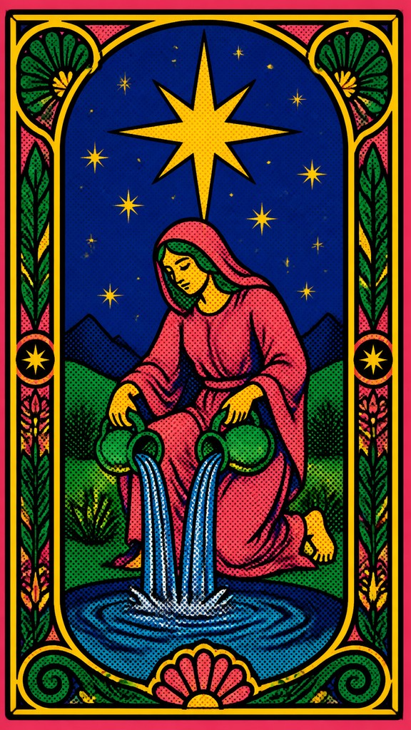 a robed figure pouring water beneath a large eight-pointed star in a night sky, symmetrical composition with an ornate decorative border, no text — Pop Art Portrait Style tarot card