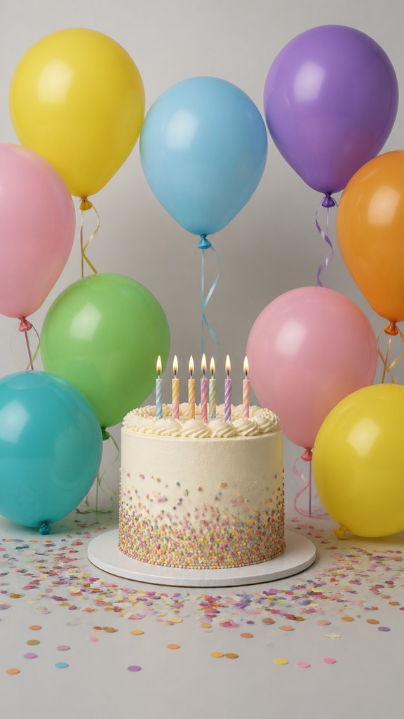 a birthday cake with lit candles surrounded by balloons and confetti, festive vertical composition, no text — Photo-Conceptual Art Style birthday card