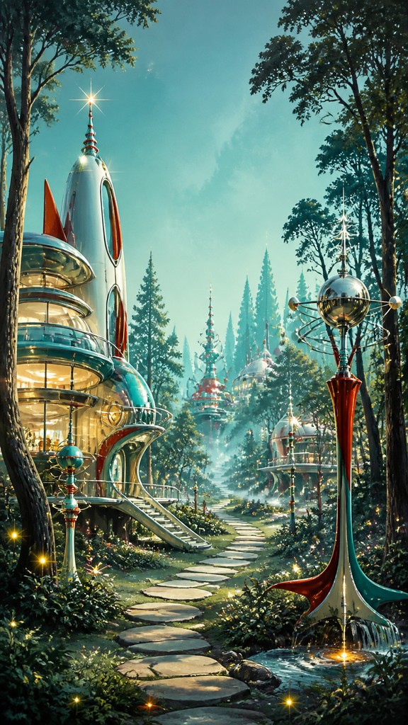 a mysterious forest path with fireflies and drifting mist, atmospheric vertical composition with open space at the top, no text — Atompunk Aesthetic book cover