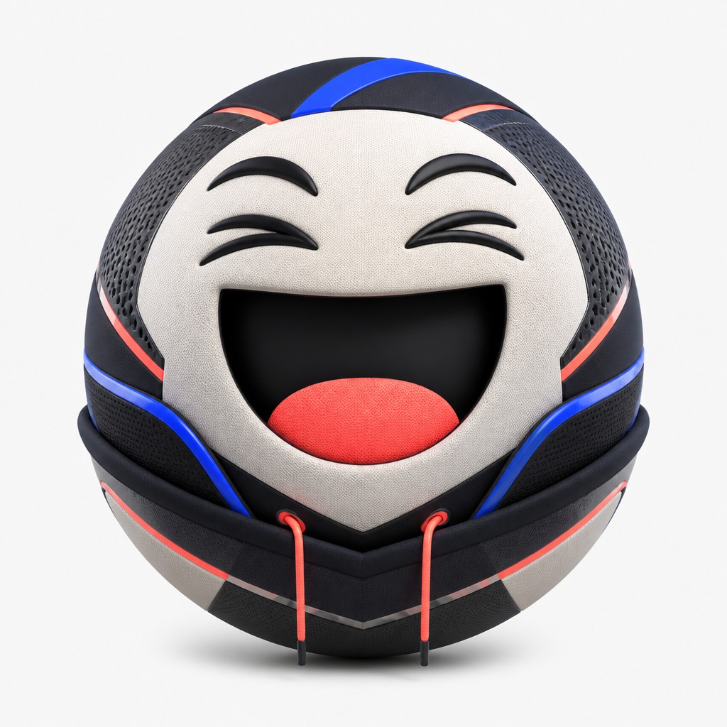 an exaggerated laughing face of an original round mascot character, bold and readable at small size, plain background, no text — Athleisure Fashion Design Twitch emote