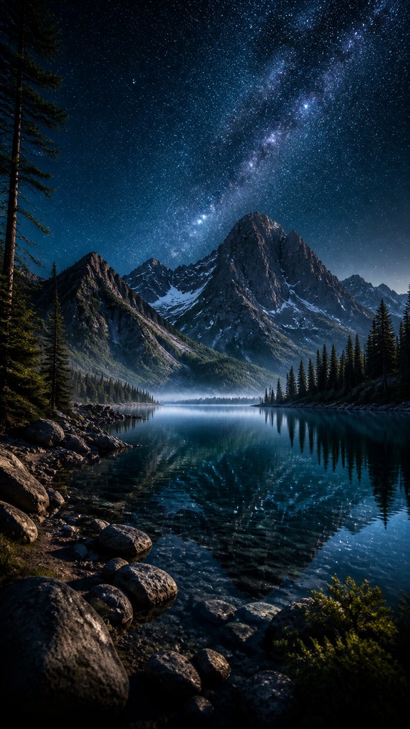 a tranquil mountain lake beneath a starry night sky, no people, no text — 3D Rendered Digital Art Style phone wallpaper