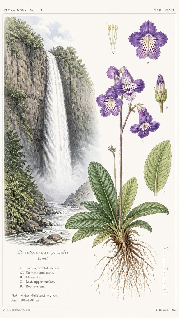 towering waterfall cascading down a cliff — Botanical Illustration Art Style