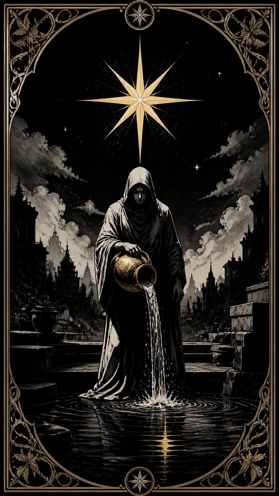 a robed figure pouring water beneath a large eight-pointed star in a night sky, symmetrical composition with an ornate decorative border, no text — Graphic Novel Art tarot card
