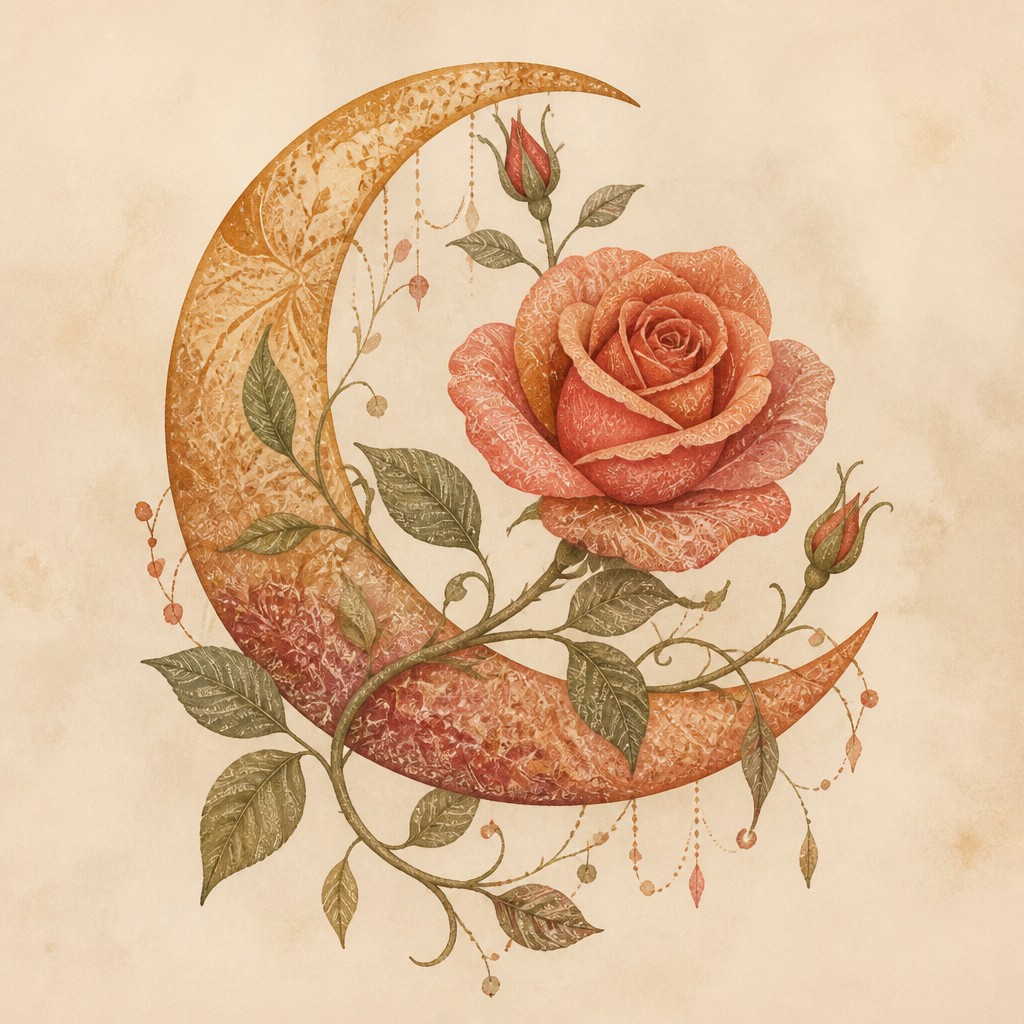 a rose entwined with a crescent moon, clean balanced composition on a plain background, no text — Bohemian Fashion Design tattoo design