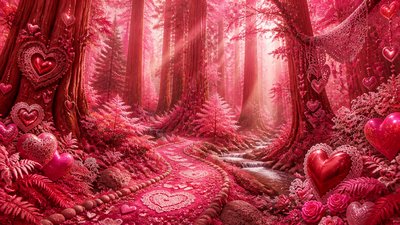 a panoramic redwood forest with light rays through mist, no people — Lovecore Aesthetic wallpaper
