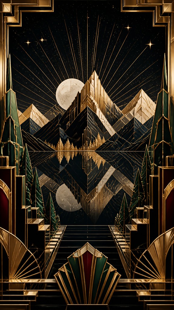 a tranquil mountain lake beneath a starry night sky, no people, no text — Art Deco Style phone wallpaper
