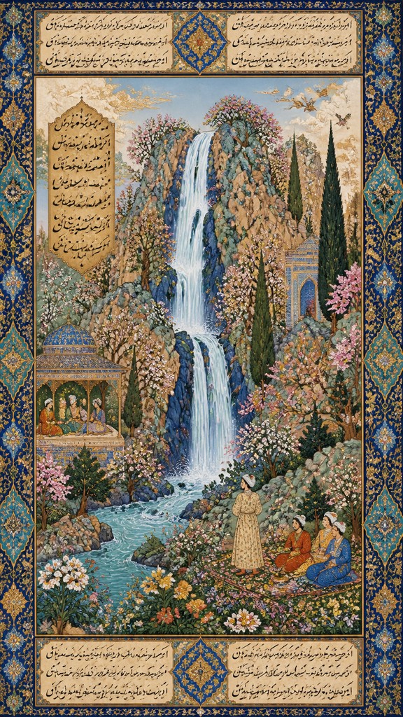 towering waterfall cascading down a cliff — Persian Art Style