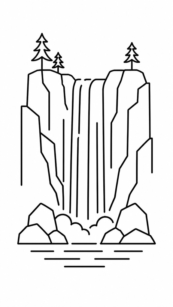 towering waterfall cascading down a cliff — Line Art Icon Design