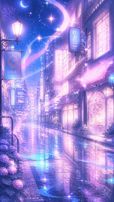 a quiet rainy city street at night reflecting neon signs, no people — Magical Girl Anime Art Style wallpaper