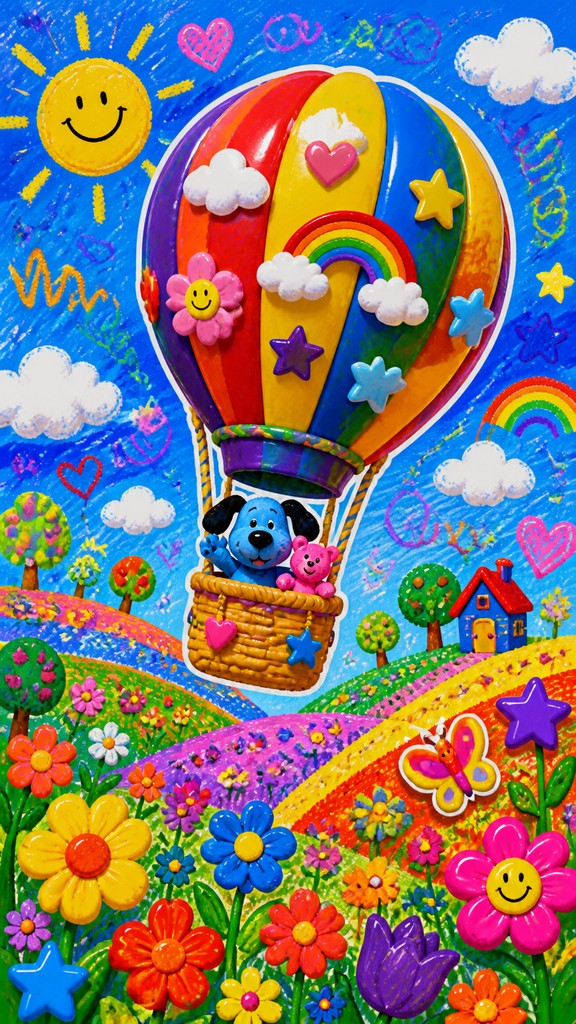 a hot air balloon drifting over rolling flower fields on a sunny day, cheerful, no text — Kidcore Aesthetic greeting card