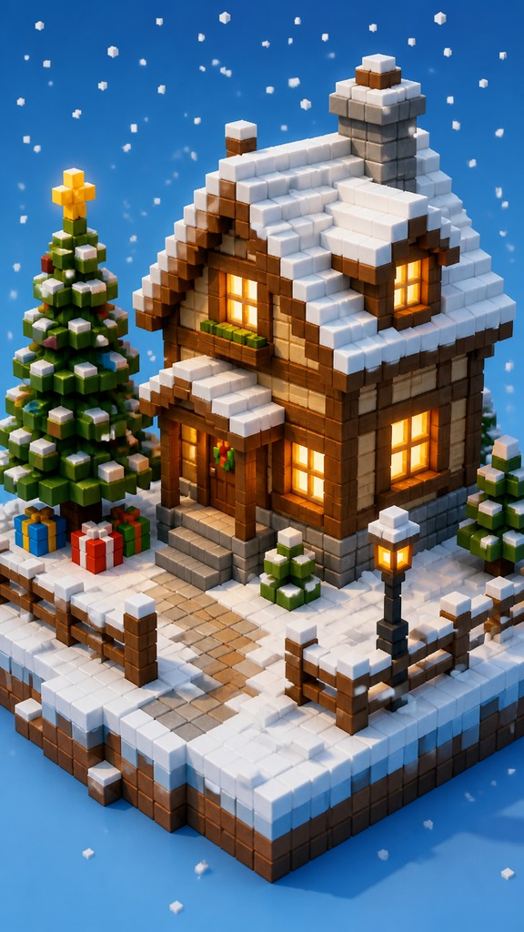 a snow-covered cottage with warm glowing windows beside a decorated pine tree, gentle snowfall, no text — Voxel Art Style Christmas card