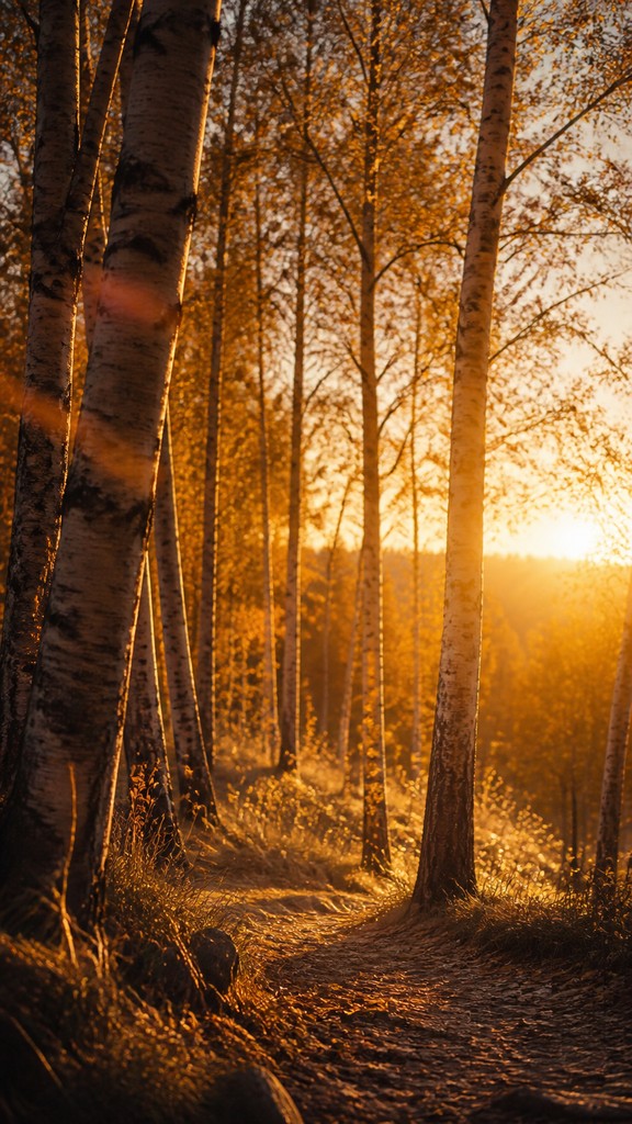 a serene birch forest in soft morning light, no people, no text — Golden Hour Landscape Photography Style wall art print