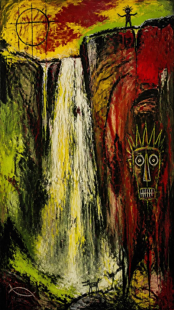 towering waterfall cascading down a cliff — Neo-Expressionist Figurative Art Style