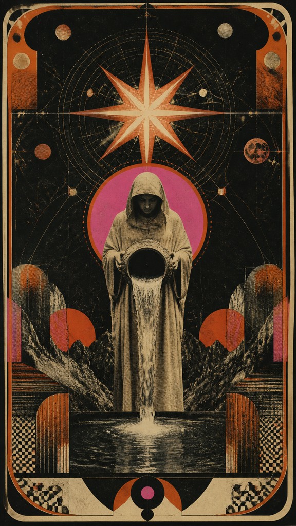 a robed figure pouring water beneath a large eight-pointed star in a night sky, symmetrical composition with an ornate decorative border, no text — Retro-Futuristic Pop Surrealism tarot card