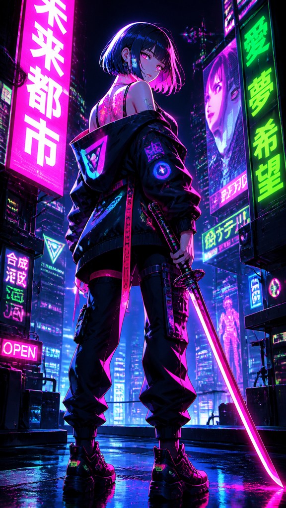 full-length portrait of an elegant figure — Cyberpunk Neon Anime Art Style
