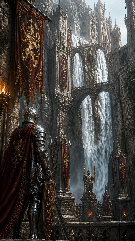 towering waterfall cascading down a cliff — Knightcore Aesthetic