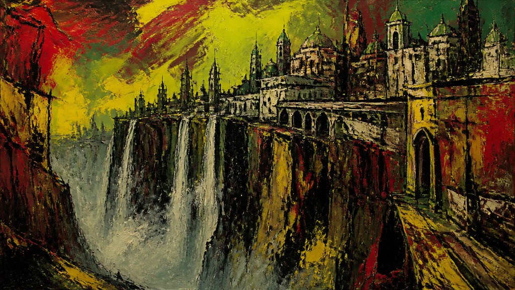 a cliffside city with waterfalls cascading into a misty canyon, wide establishing shot, no people, no text — Neo-Expressionist Figurative Art Style concept art