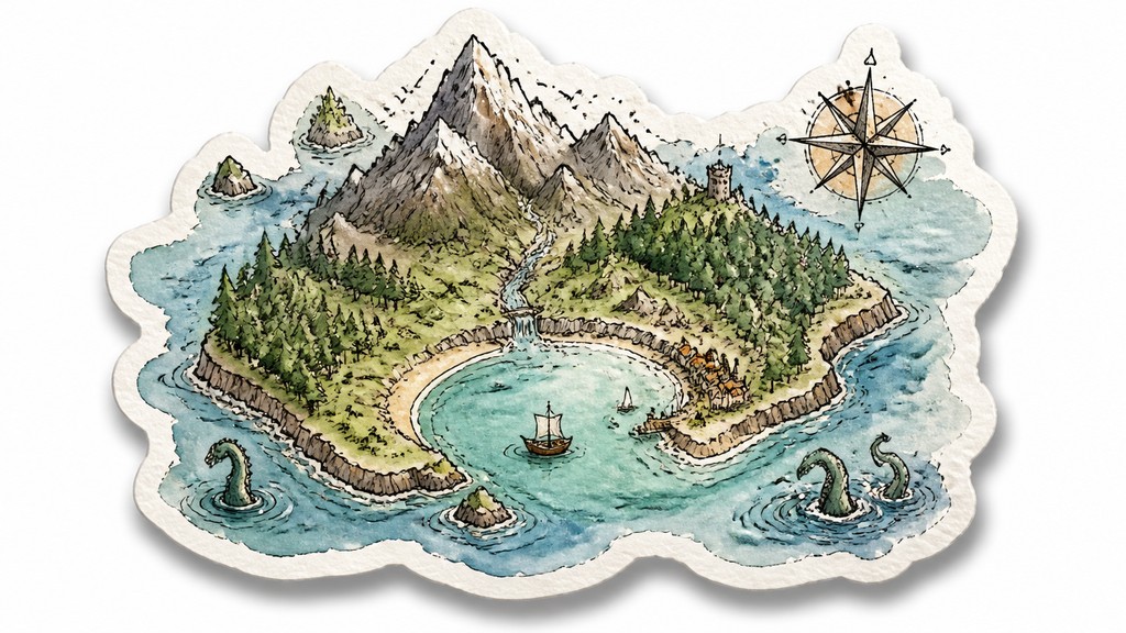 a map of an island realm with mountains, forests, a sheltered bay, sea monsters in the water and a compass rose, no text labels — Hand-Drawn Sticker Design fantasy map