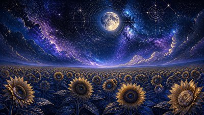 an endless field of sunflowers under summer clouds, no people — Celestial Aesthetic wallpaper