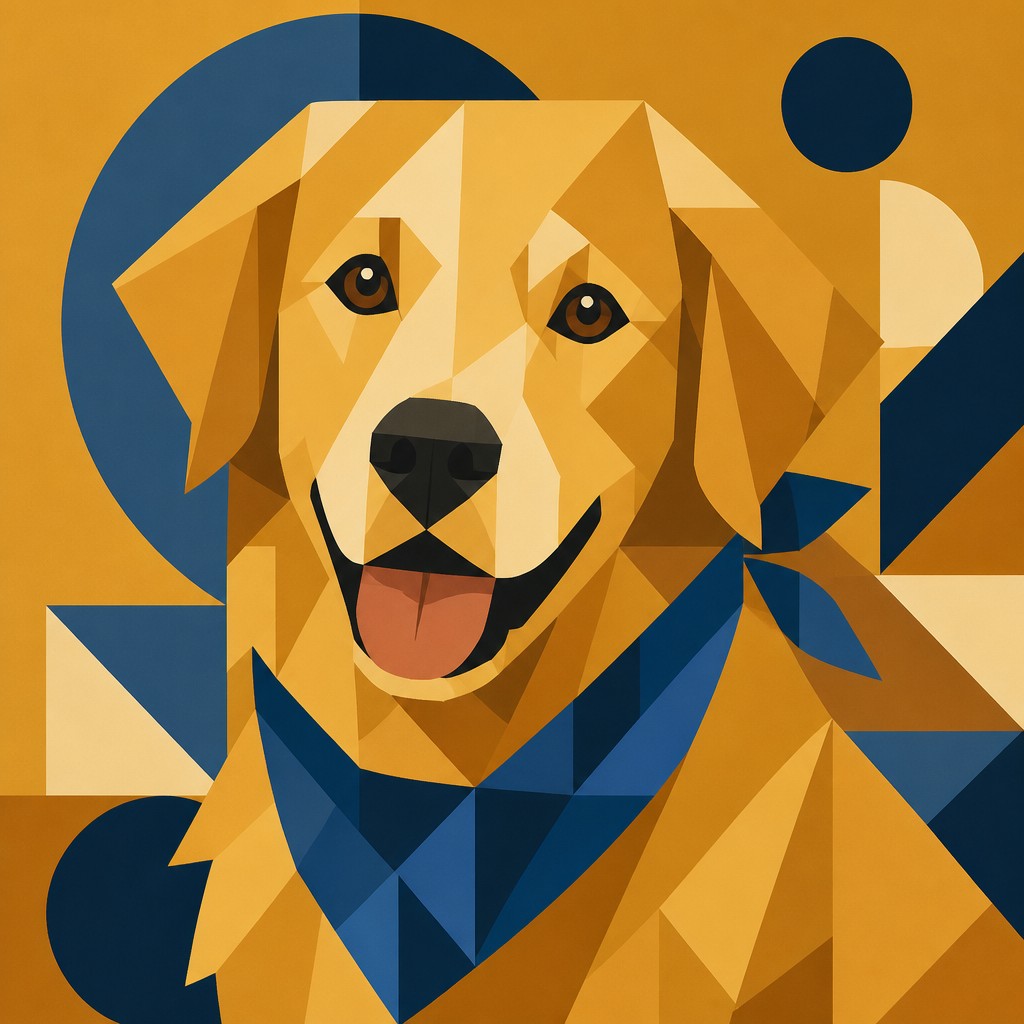 portrait of a golden retriever wearing a blue bandana, warm plain backdrop, no text — Abstract Geometric Art pet portrait