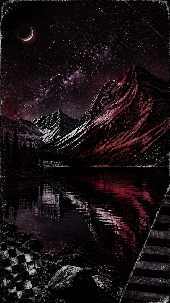 a tranquil mountain lake beneath a starry night sky, no people, no text — Emo Aesthetic phone wallpaper